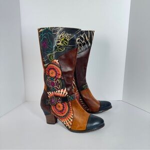 L’Artiste Leather Patchwork Boots Women 9 Colorful Floral Boho Gypsy Western